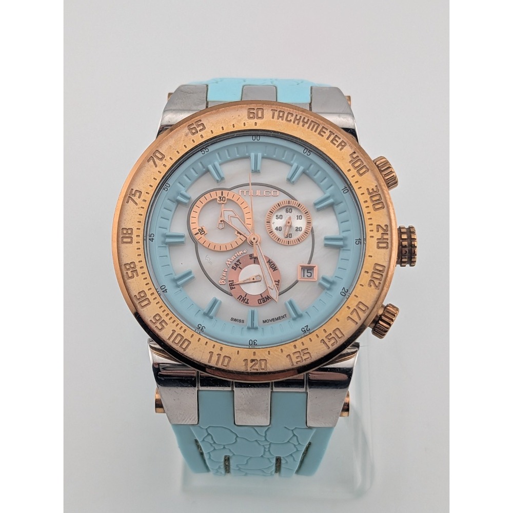 Mulco Blue Marine Chronograph Tachymeter 45mm Case Silicone Band- New Battery